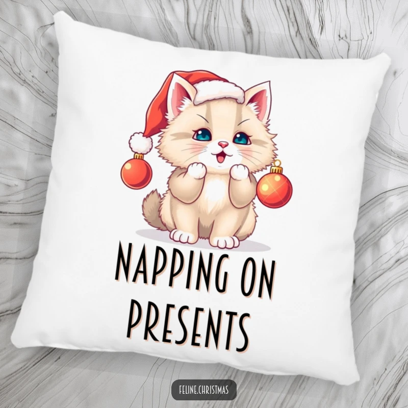 Funny cat pillow: soft cushion with a fluffy kitten in a Santa hat batting a Christmas ornament, adding festive comfort.
