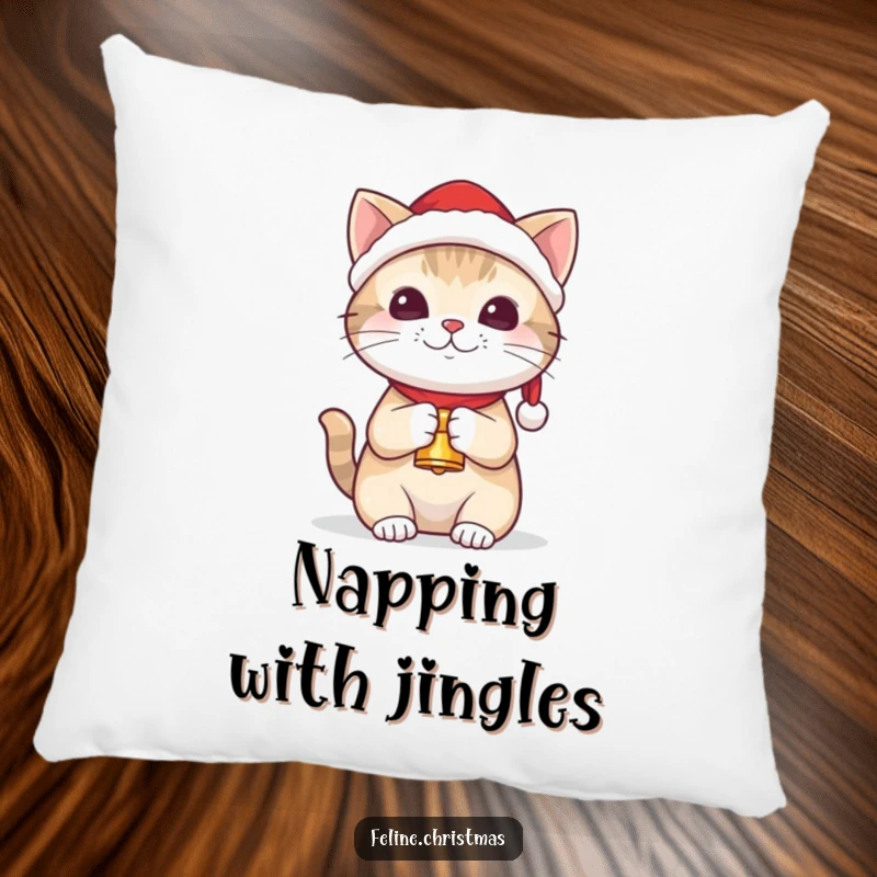 Funny kawaii cat wearing a Santa hat and holding a tiny bell, on a soft and decorative pillow.