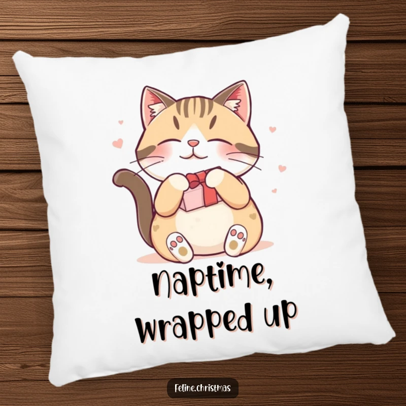 Funny pillow displaying a cat blissfully rubbing against a holiday gift, bringing festive cheer and humorous comfort.
