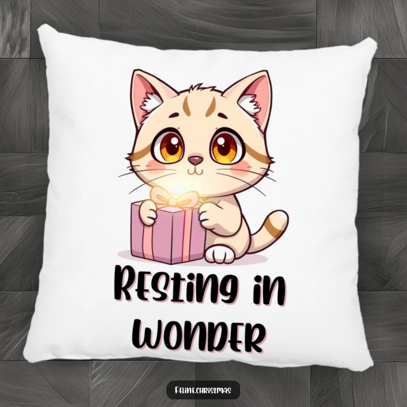 Funny Cat Surprise Pillow featuring a wide-eyed cat surprised by a glowing present, soft and humorous decor.