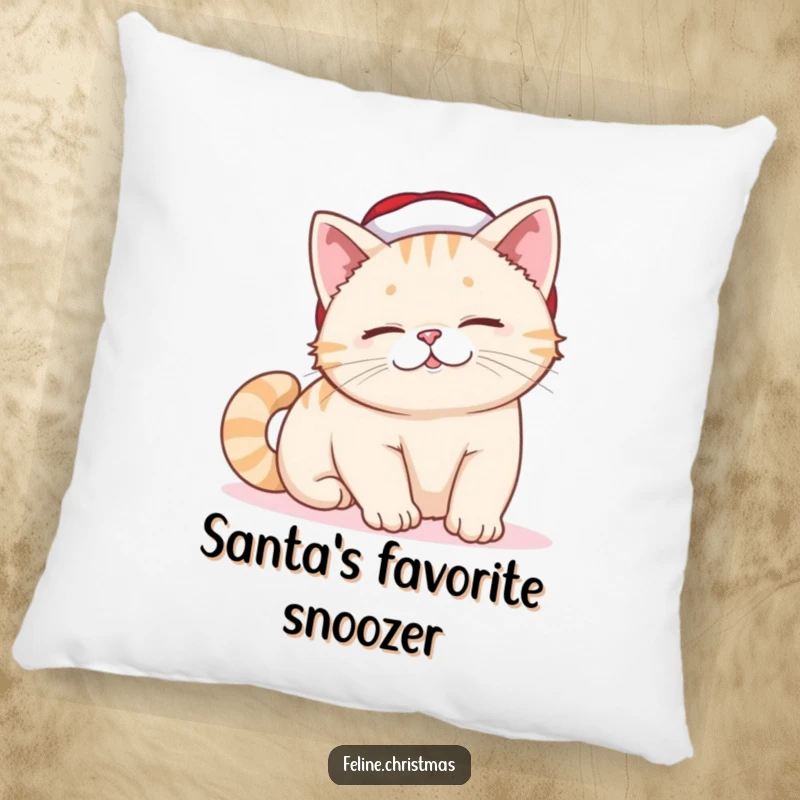 Funny Cat Pillow: A cat adorned in a tiny Santa hat stretches with a lazy, contented smile, bringing cozy holiday vibes.