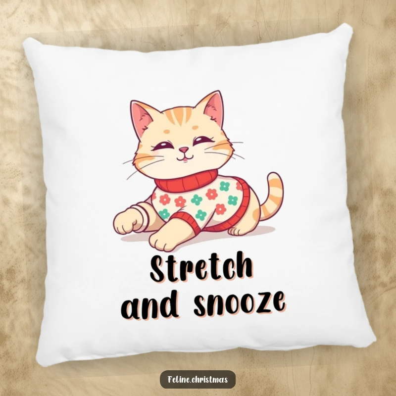 Funny pillow featuring a cute cat in a festive sweater, stretching lazily, perfect for cozy lounging.