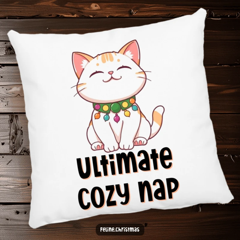 Funny Cat Stretch Pillow featuring a content cat with a festive collar stretching, soft and humorous decor.