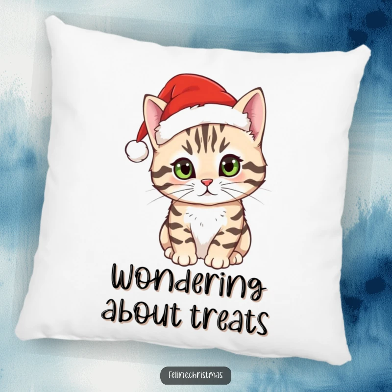 Funny tabby cat pillow showing a curious cat in a Santa hat, perfect for adding festive comfort and humor.
