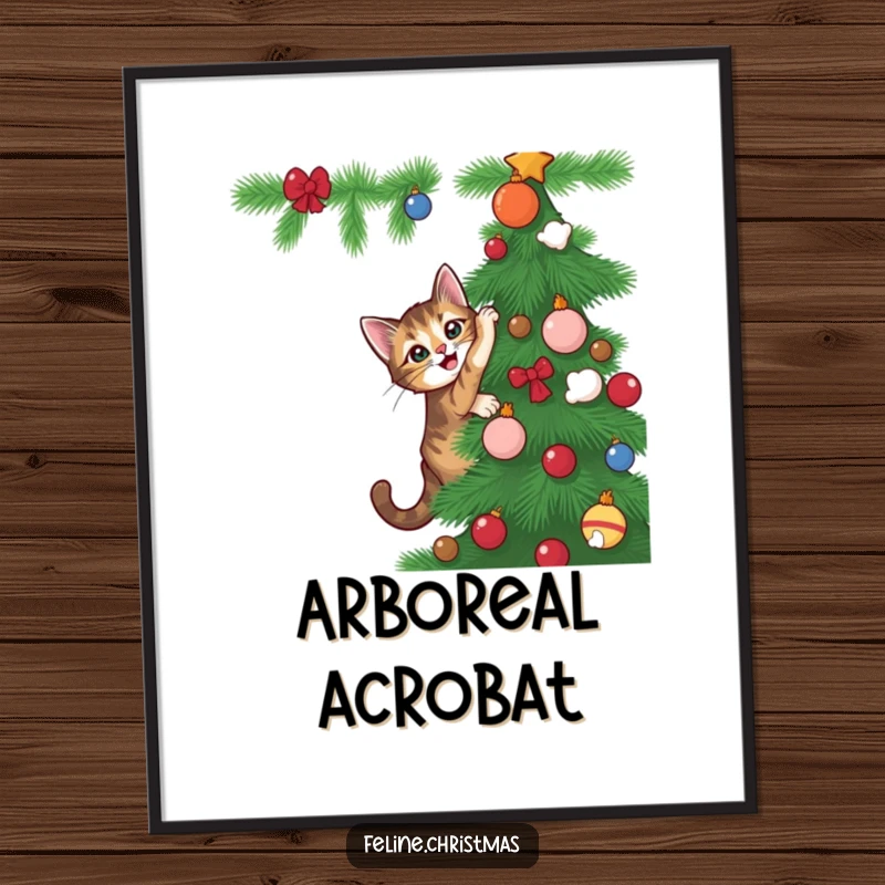 Funny tabby cat with playful intent attempting to climb a Christmas tree, as a downloadable humorous art print.