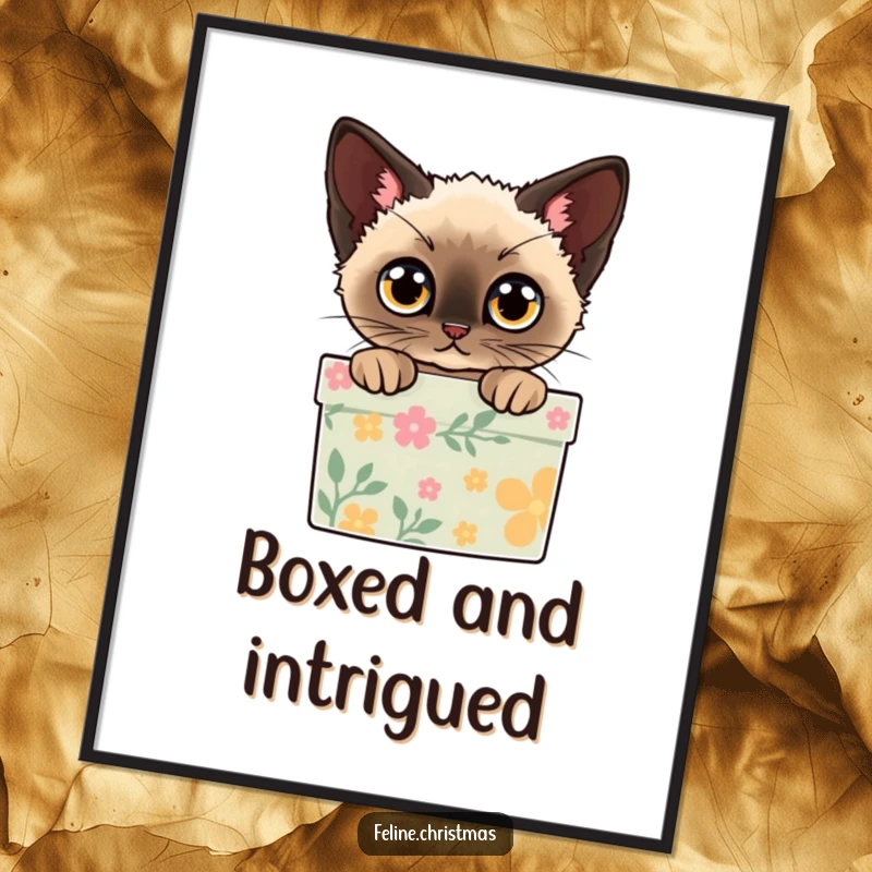 Funny digital art print of a Siamese cat peeking out of a decorated gift box with wide, curious eyes, capturing holiday excitement.