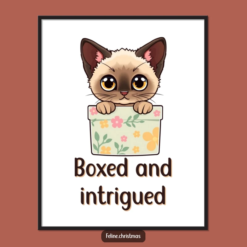 Funny Siamese Cat Gift Box Digital Print - Instant Feline Holiday Art Gift