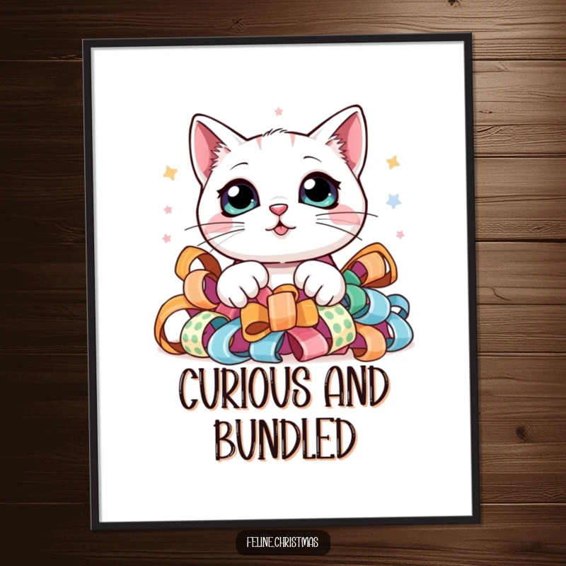Funny digital art print of a kawaii cat with big, curious eyes, peeking from festive ribbon, bringing charming vibes.