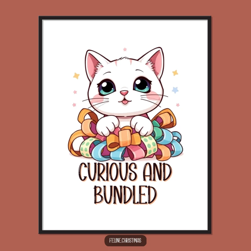 Funny Kawaii Cat Ribbon Peek Digital Art - Adorable Kitty Decor Gift!