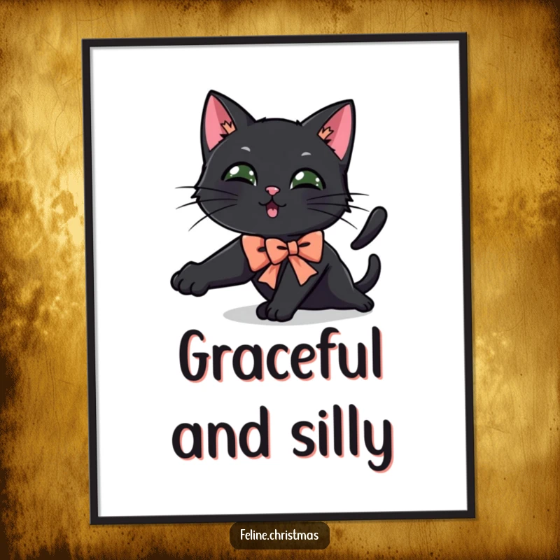 Funny black cat digital art print of a cat in a festive bow stretching playfully, perfect for instant home decor.