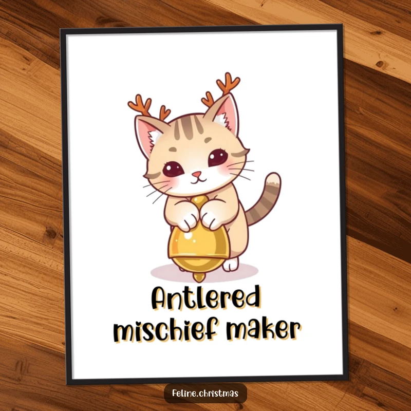 Funny Cat Antlers Digital Art Print showing a playful cat with antlers pouncing on a jingle bell, instant festive humor.
