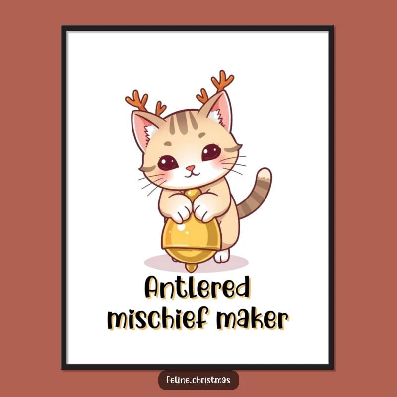 Funny Cat Antlers Digital Art Print: Instant Holiday Cheer with Playful Kitty Pounce