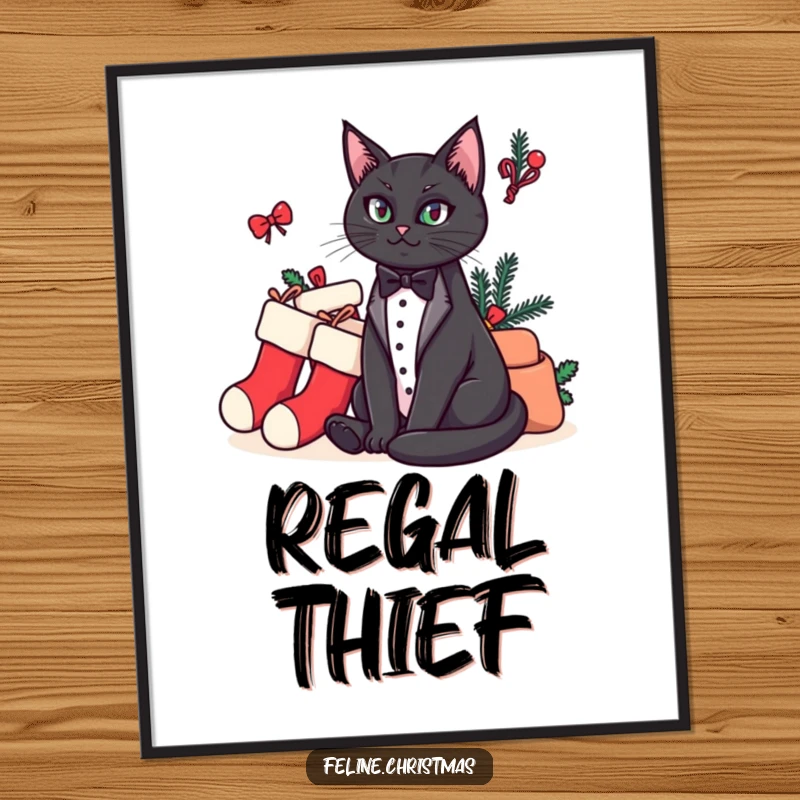 Funny digital art print of an elegant tuxedo cat sitting regally beside a humorous pile of Christmas stockings.