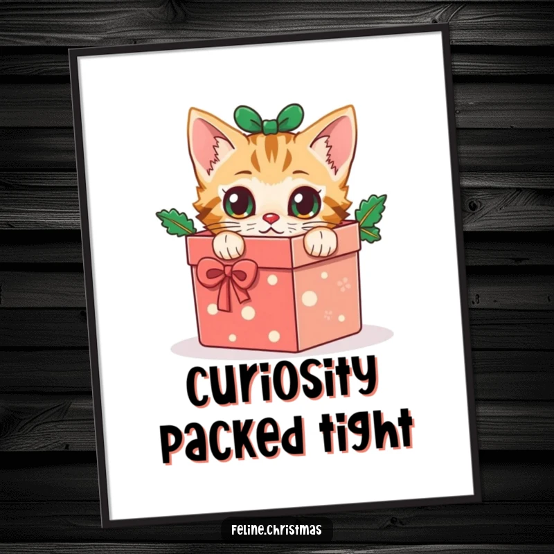 Funny cat digital art print: printable artwork of a curious kitten peeking from a festive Christmas gift box, full of wonder.