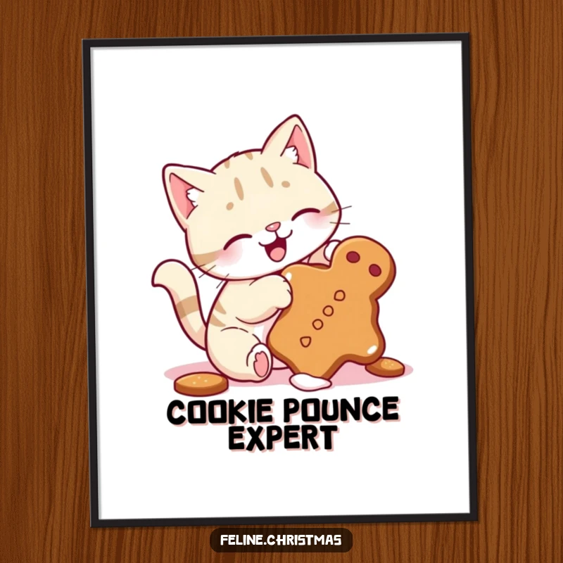 Funny digital art print of a cute cat, wagging tail, playfully batting at a tumbling gingerbread cookie, capturing holiday treat fun.