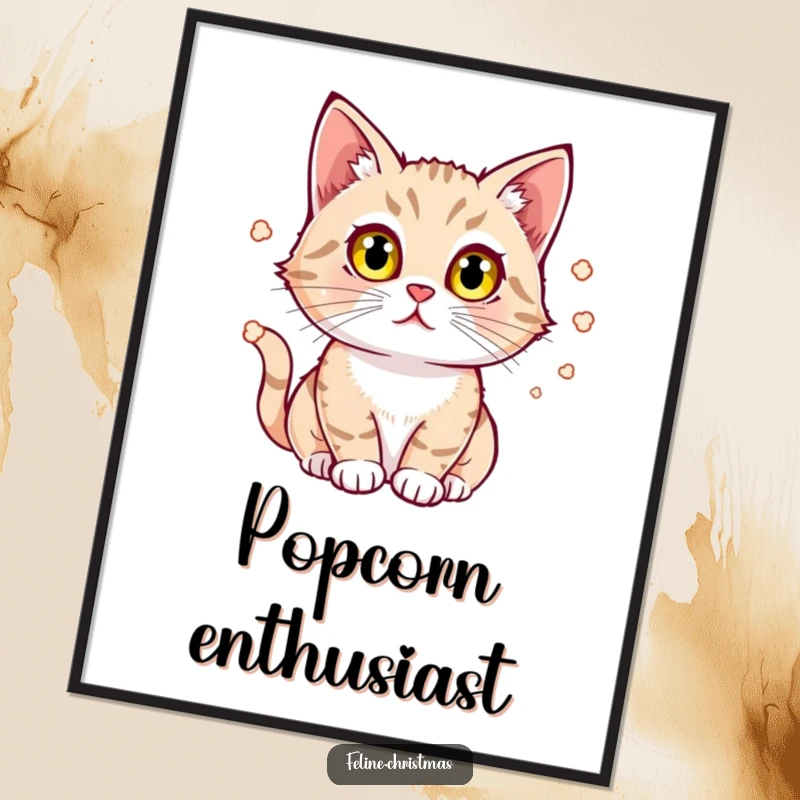 Funny Cat Digital Art Print: A cat with bright eyes intently watches popcorn bounce, embodying fascination and the joy of movie time.