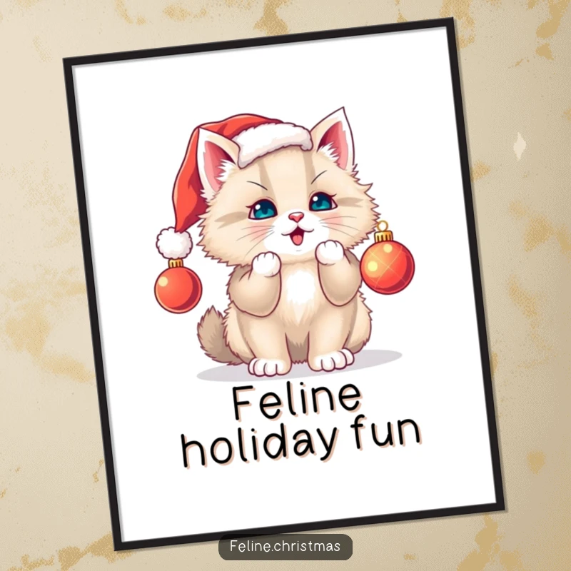Funny cat digital art print: printable artwork of a fluffy kitten in a Santa hat batting a Christmas ornament, festive and fun.