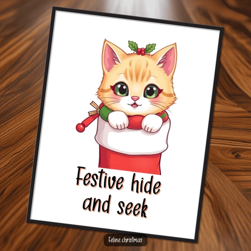 Funny Christmas digital art print of a cat with a festive collar peeking from a stocking, instant downloadable festive and humorous decor.
