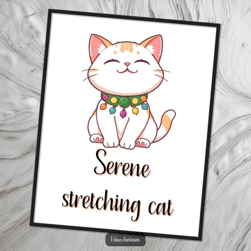 Funny Cat Stretch Digital Art Print showing a content cat with a festive collar stretching, instant serene humor.
