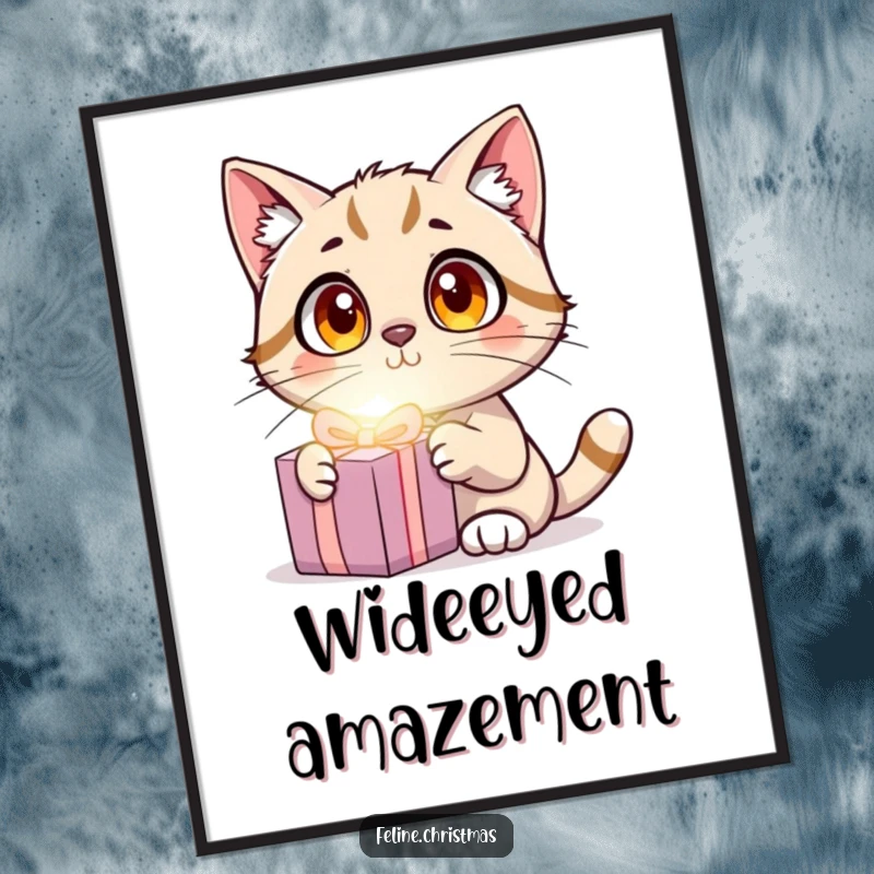 Funny Cat Surprise Digital Art Print showing a wide-eyed cat surprised by a glowing present, instant humorous decor.
