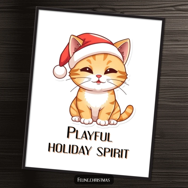 Funny Christmas digital art print of a cat in a Santa hat, batting playfully, instant downloadable festive and humorous decor.