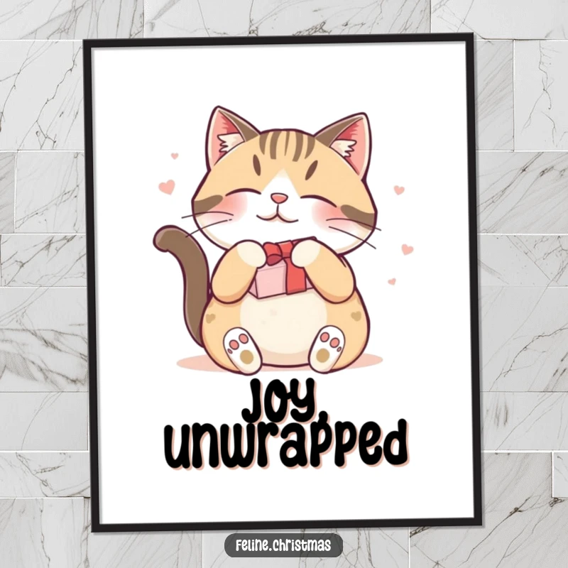 Funny digital art print of a content cat rubbing against a holiday gift, perfect for humorous and festive home decor.