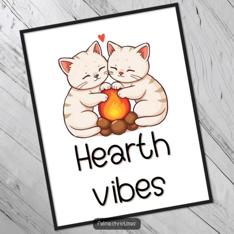 Funny Kawaii Cats Digital Art Print: Two cats are cozy by a hearth, capturing funny domestic bliss for instant decor.