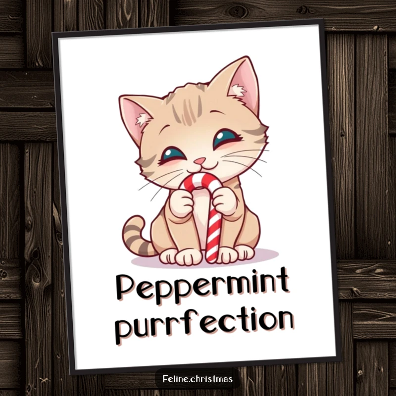 Funny digital art print of a smiling cat curiously sniffing a candy cane, bringing sweet holiday cheer.