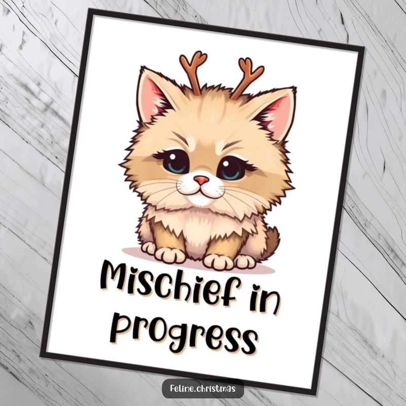 Funny digital art print of a fluffy cat wearing tiny reindeer antlers and a mischievous look, ready for instant download.