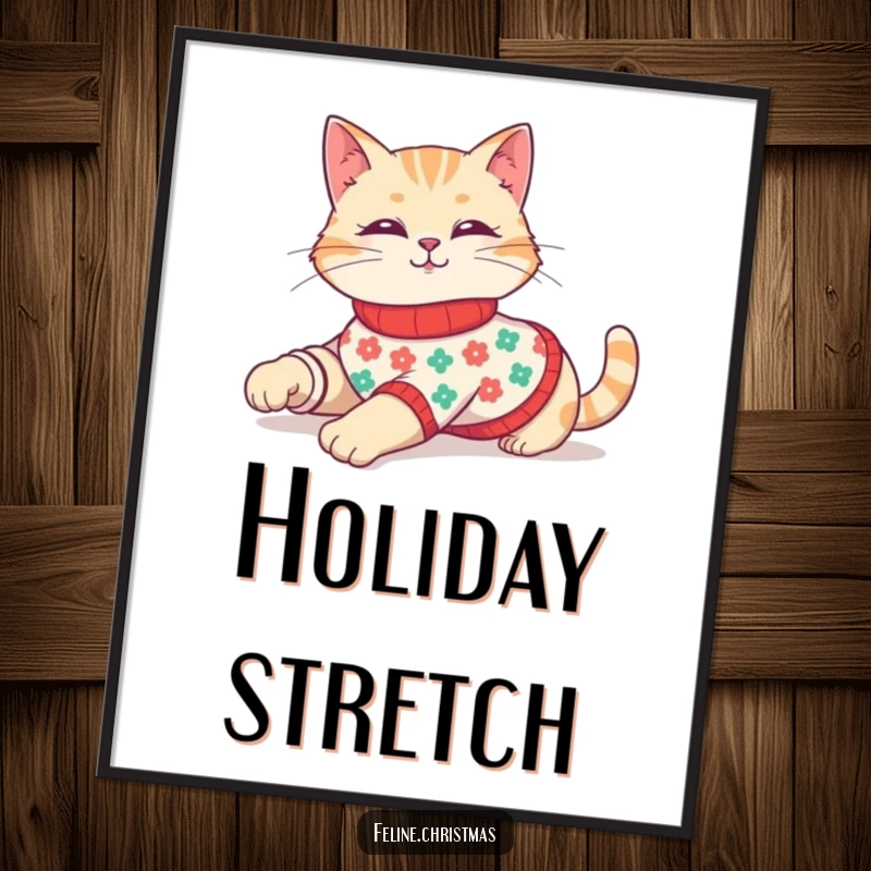 Funny digital art print of a cute cat stretching languidly in a festive sweater, bringing holiday cheer.