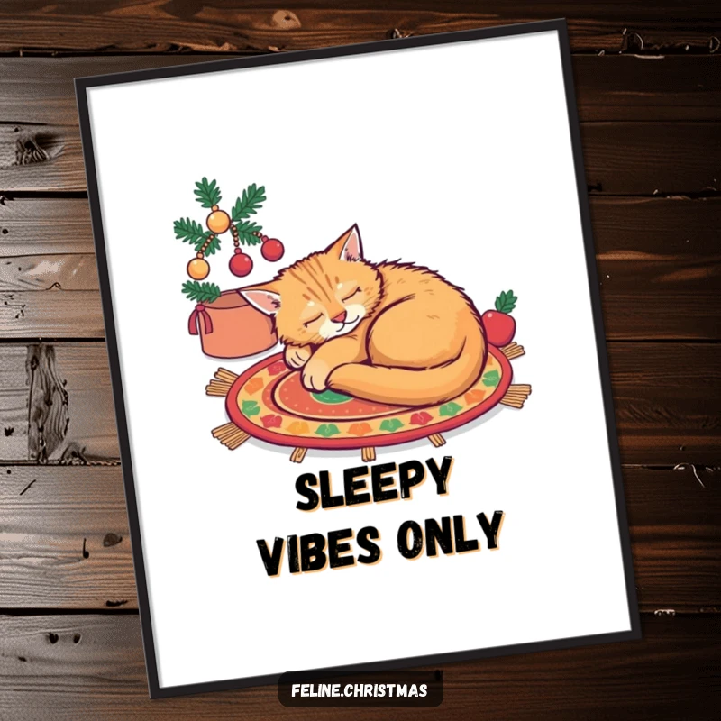 Funny ginger cat asleep on a festive rug, a downloadable digital art print for cozy decor.