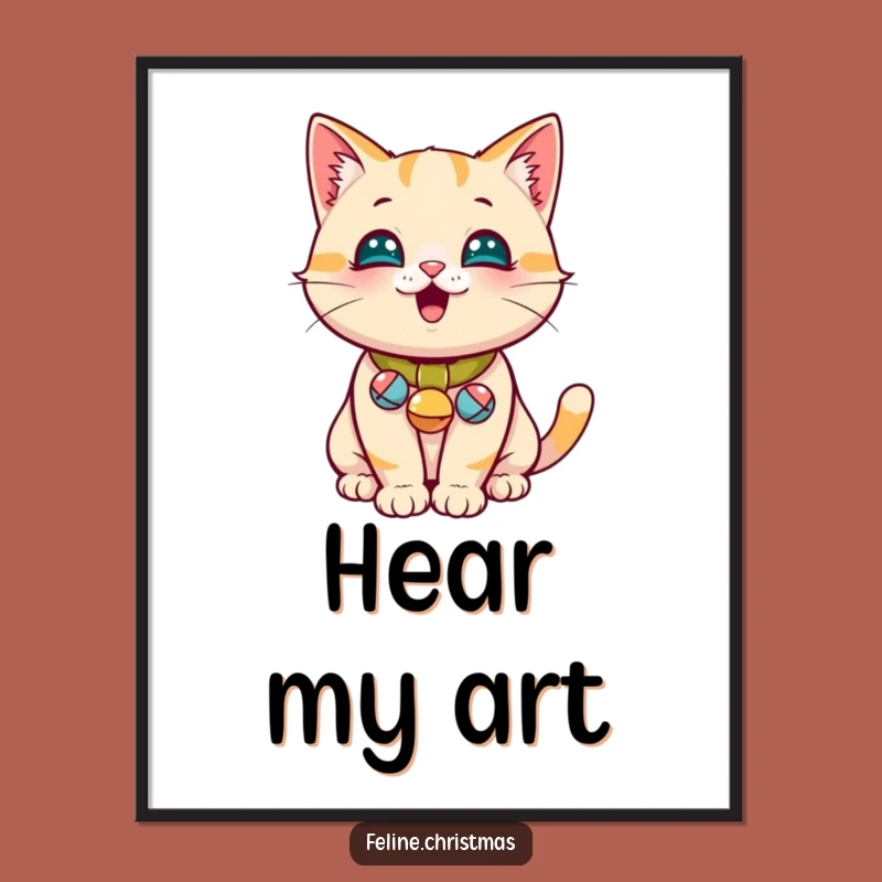 Funny Jingle Bell Cat Digital Art Print a Playful Addition to Your Decor