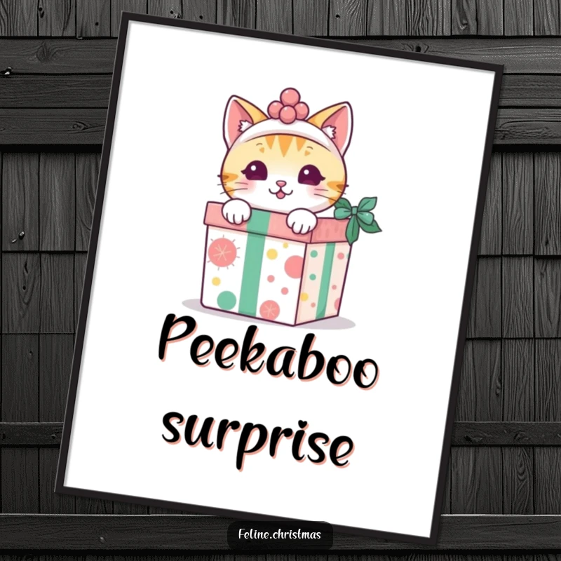 Funny kawaii cat peeking out from a decorated gift box, as a downloadable art print.