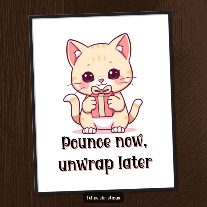 Funny Digital Art Print: Kawaii cat holding a small gift, ready to pounce with playful anticipation and delightful mischief.