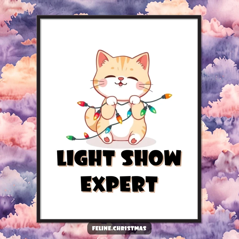 Funny Digital Art Print: Kawaii cat hilariously tangled in a string of bright, festive Christmas lights, embodying playful holiday spirit.