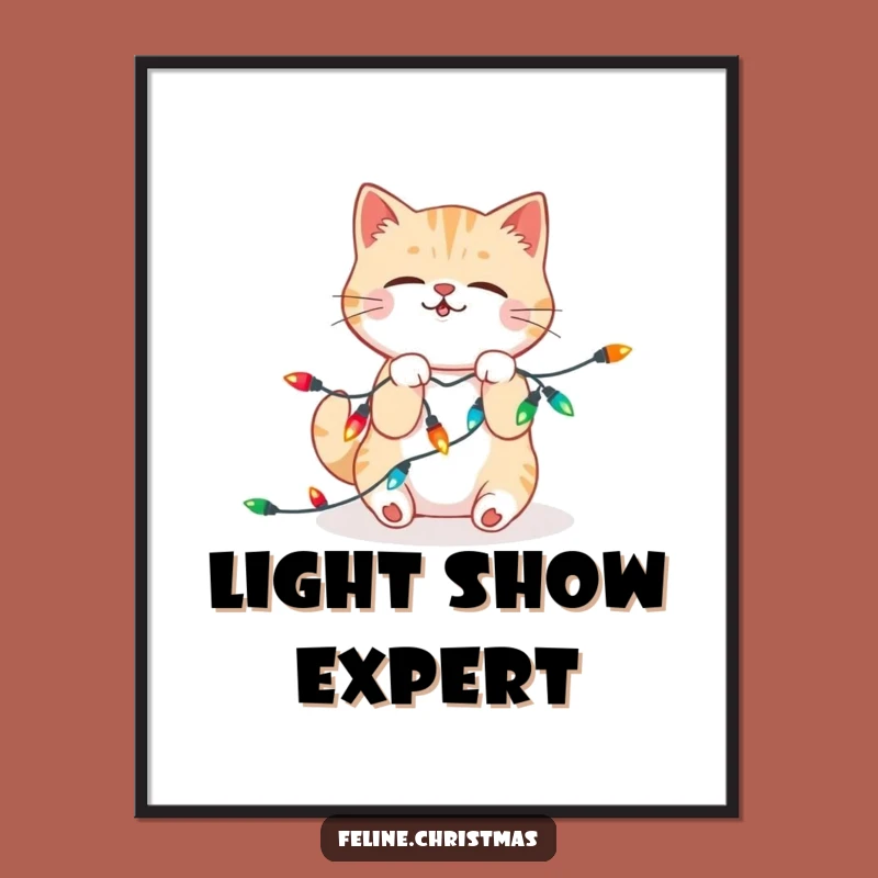 Funny Kawaii Cat Lights Digital Print: Festive Feline Charm, Perfect Funny Art Gift!