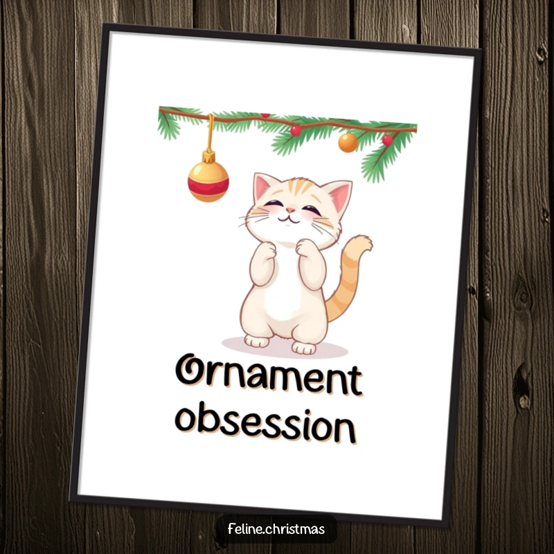 Funny kawaii cat playfully batting at a dangling Christmas ornament, as a downloadable art print.