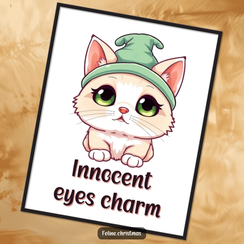 Funny Kawaii Ragdoll Elf Cat Digital Art: A cute cat in an elf hat gazing up innocently, capturing festive holiday magic.