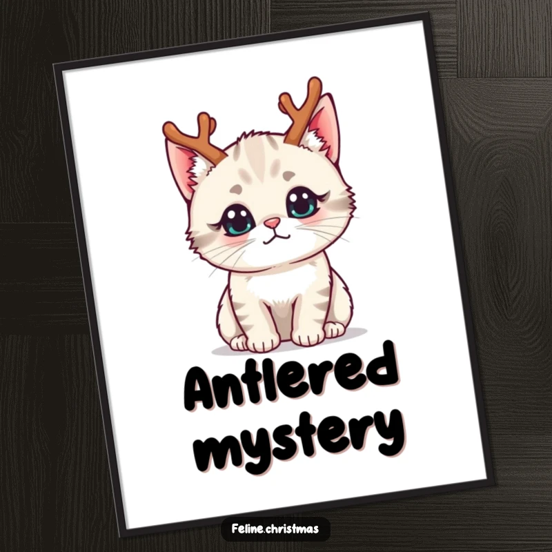 Funny kawaii cat wearing tiny reindeer antlers with a curious expression, as a downloadable art print.