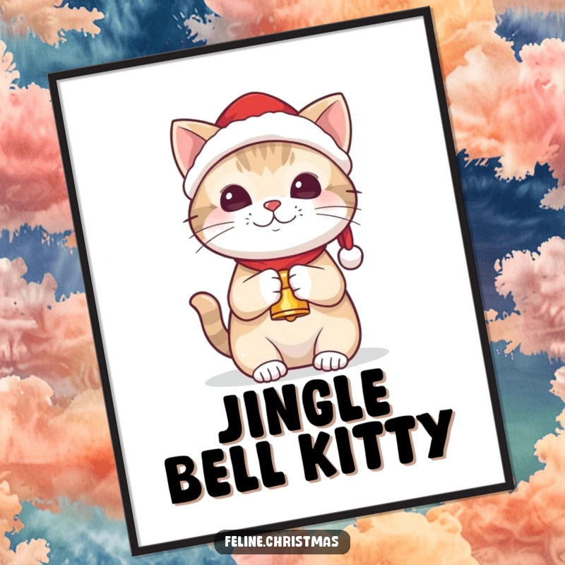 Funny kawaii cat wearing a Santa hat and holding a tiny bell, as a downloadable festive art print.