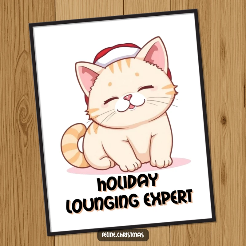 Funny Cat Digital Art Print: A cat in a tiny Santa hat stretches lazily with a contented smile, bringing holiday cheer and relaxation.