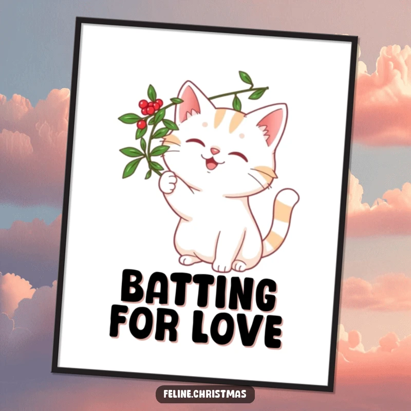 Funny cat with a wide, happy smile, playfully reaching for a mistletoe sprig, available as a charming holiday digital art print.