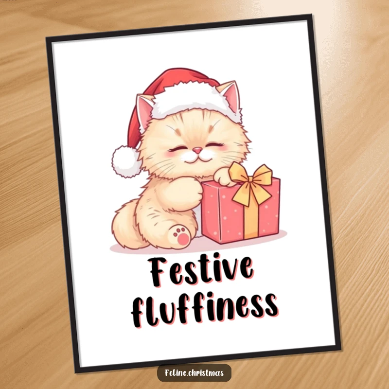 Funny Persian cat Santa digital art print, a cute cat kneading a gift, perfect for easy holiday-themed printing.