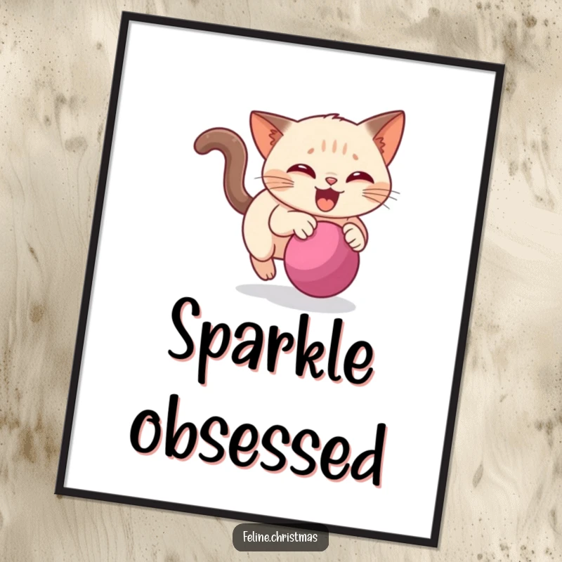 Funny Siamese cat digital art print showing a cat gleefully chasing a bauble, perfect for festive home decor download.