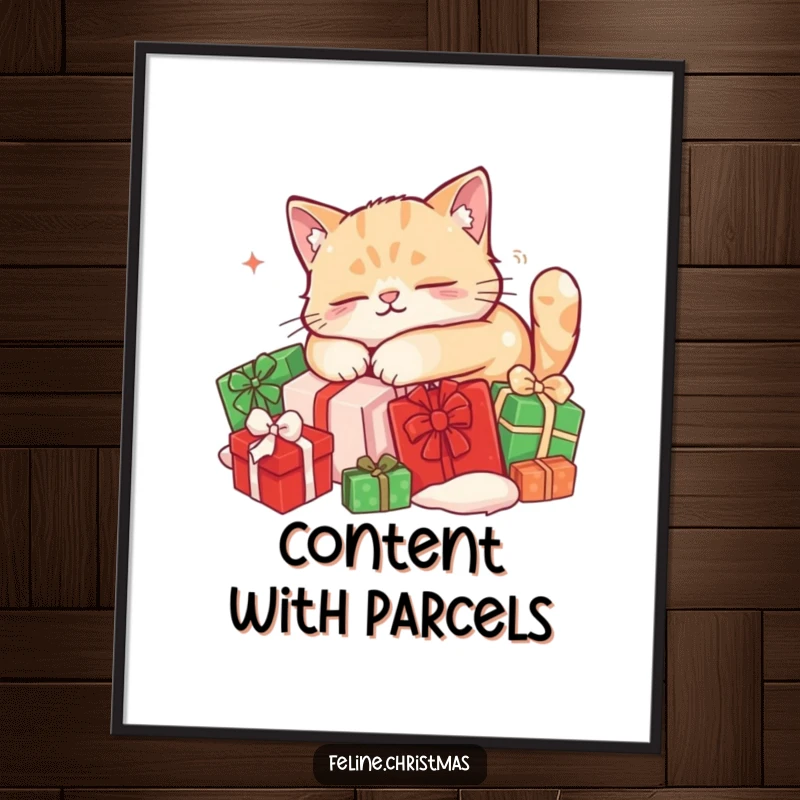 Funny cat digital art print: printable artwork of a content cat napping on a pile of festive Christmas presents, cozy and serene.