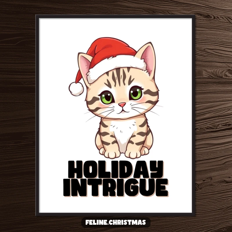 Funny tabby cat digital art print of a curious cat wearing a Santa hat, perfect for instant holiday decor.