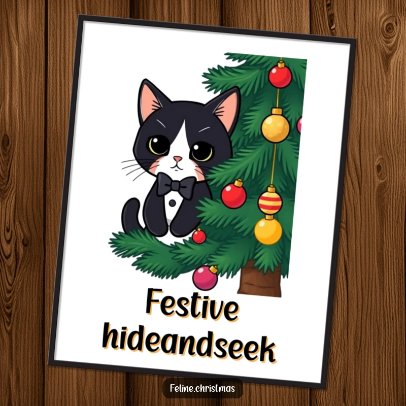 Funny tuxedo cat Christmas digital art print, a cute cat peeking from behind a tree, perfect for easy holiday-themed printing.