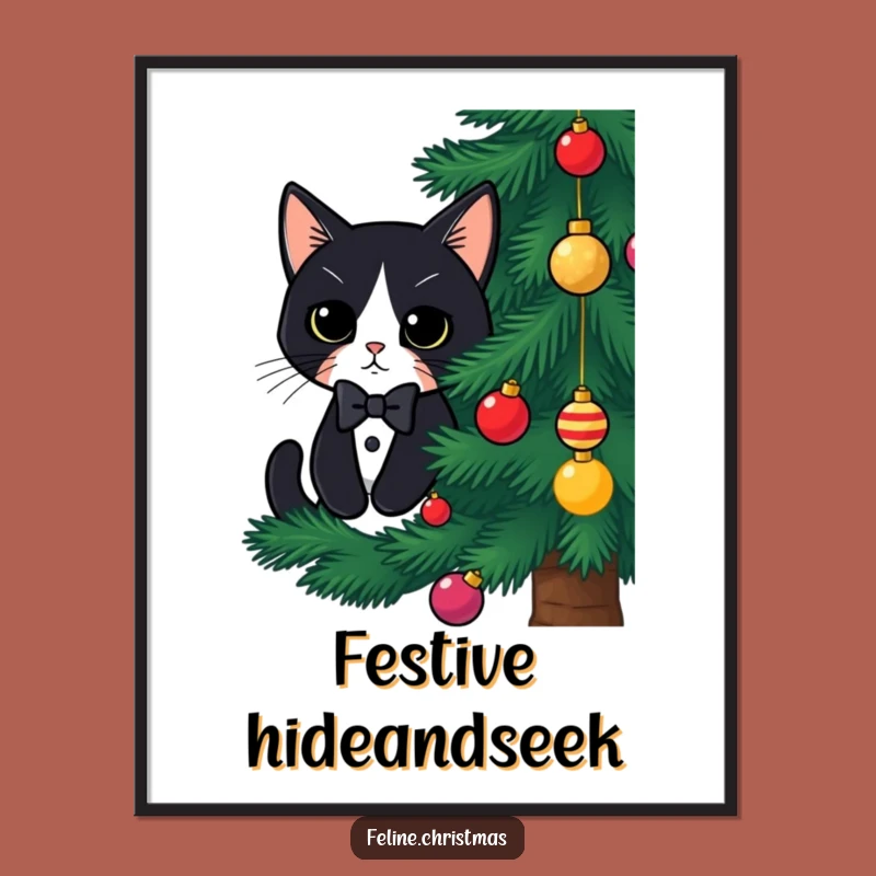 Funny Tuxedo Cat Christmas Digital Art: Hidden Kitty Behind Tree, Instant Holiday Download