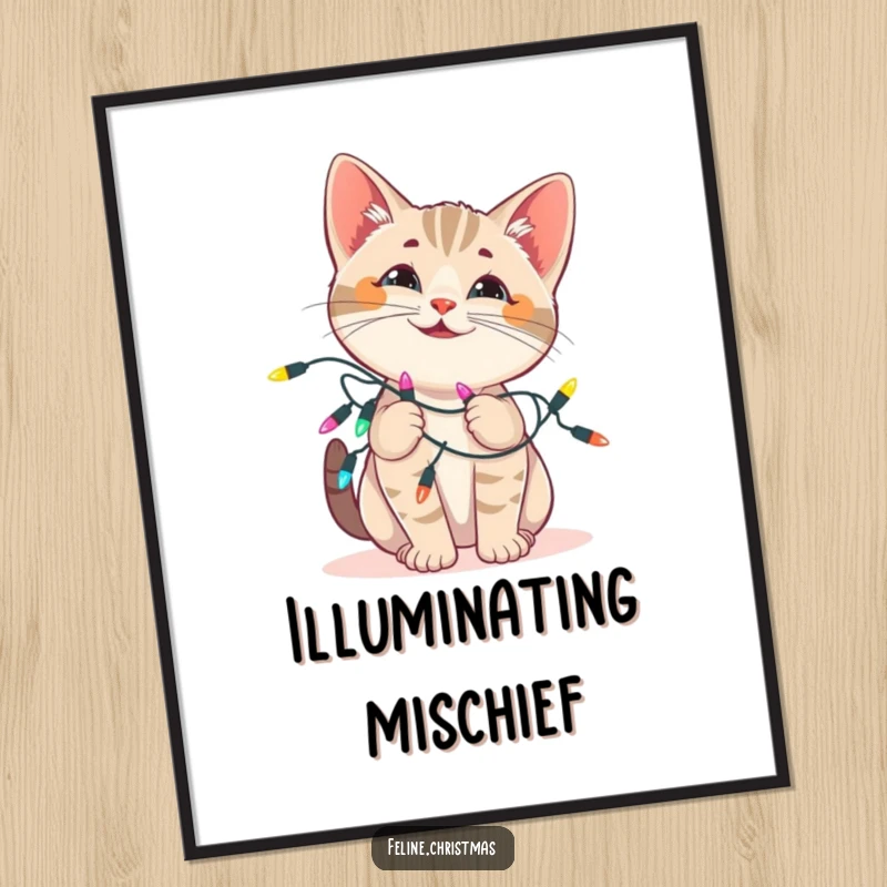 Funny cat digital art print: printable artwork of a playful kitten hilariously tangled in festive Christmas lights, full of energy.