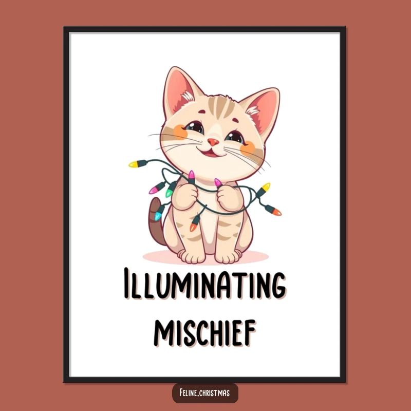 Funny Cat Lights Digital Print: Festive Wall Decor, Playful Tangle, Instant Holiday Gift!